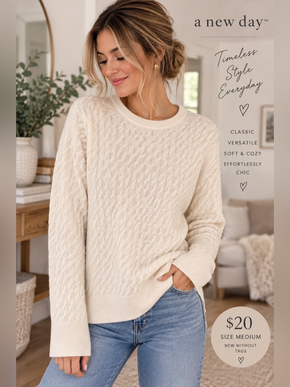 a new day Cream Cable Knit Crewneck Sweater